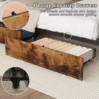 VINGLI Bed Frame with 4 Storage Drawers/Headboard, Metal Platform with Charging Station and LED, No Box Spring Needed, Easy Assembly, Vintage Brown
