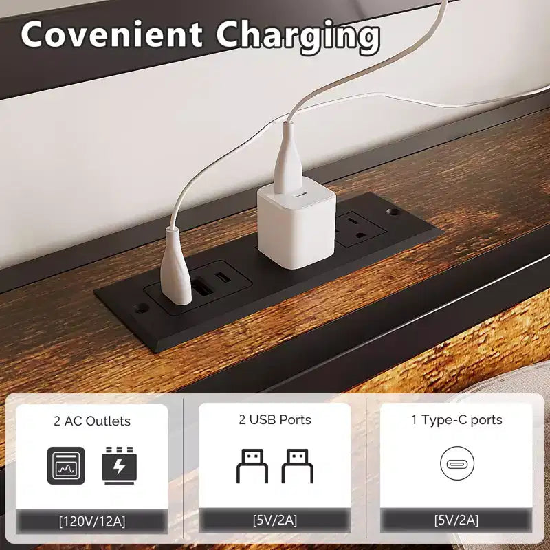 VINGLI Bed Frame with 4 Storage Drawers/Headboard, Metal Platform with Charging Station and LED, No Box Spring Needed, Easy Assembly, Vintage Brown