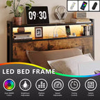 VINGLI Bed Frame with 4 Storage Drawers/Headboard, Metal Platform with Charging Station and LED, No Box Spring Needed, Easy Assembly, Vintage Brown