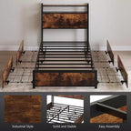VINGLI Bed Frame with 4 Storage Drawers/Headboard, Metal Platform with Charging Station and LED, No Box Spring Needed, Easy Assembly, Vintage Brown