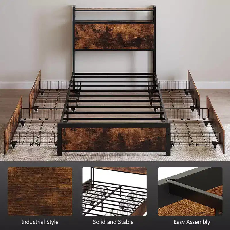 VINGLI Bed Frame with 4 Storage Drawers/Headboard, Metal Platform with Charging Station and LED, No Box Spring Needed, Easy Assembly, Vintage Brown