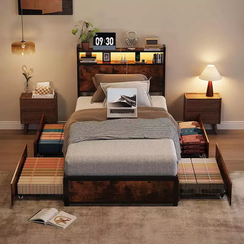 VINGLI Bed Frame with 4 Storage Drawers/Headboard, Metal Platform with Charging Station and LED, No Box Spring Needed, Easy Assembly, Vintage Brown