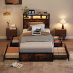 VINGLI Bed Frame with 4 Storage Drawers/Headboard, Metal Platform with Charging Station and LED, No Box Spring Needed, Easy Assembly, Vintage Brown
