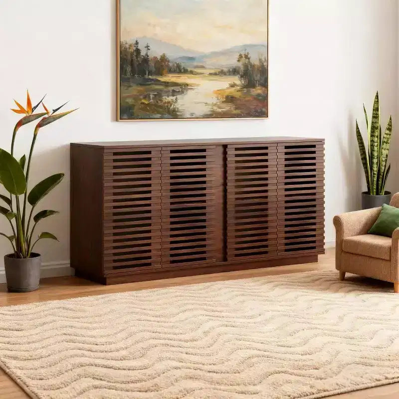Homy Casa Storage Console Cabinet with Slatted Doors, Large Capacity, for Living Room and Entryway, Walnut