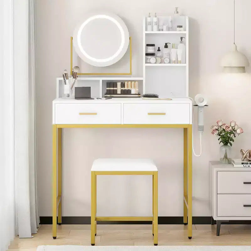 Makeup Vanity Desk with Adjustable Rotating Mirror, 29W Large Dressing Table with 2 Drawers & Stool, Modern Makeup Vanity Table for Bedroom