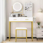 Makeup Vanity Desk with Adjustable Rotating Mirror, 29W Large Dressing Table with 2 Drawers & Stool, Modern Makeup Vanity Table for Bedroom