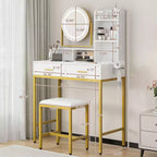 Toeletta Trucco con Specchio Girevole Regolabile, Grande Tavolo da Trucco 29W con 2 Cassetti e Sgabello, Moderna Toeletta da Trucco per Camera da Letto