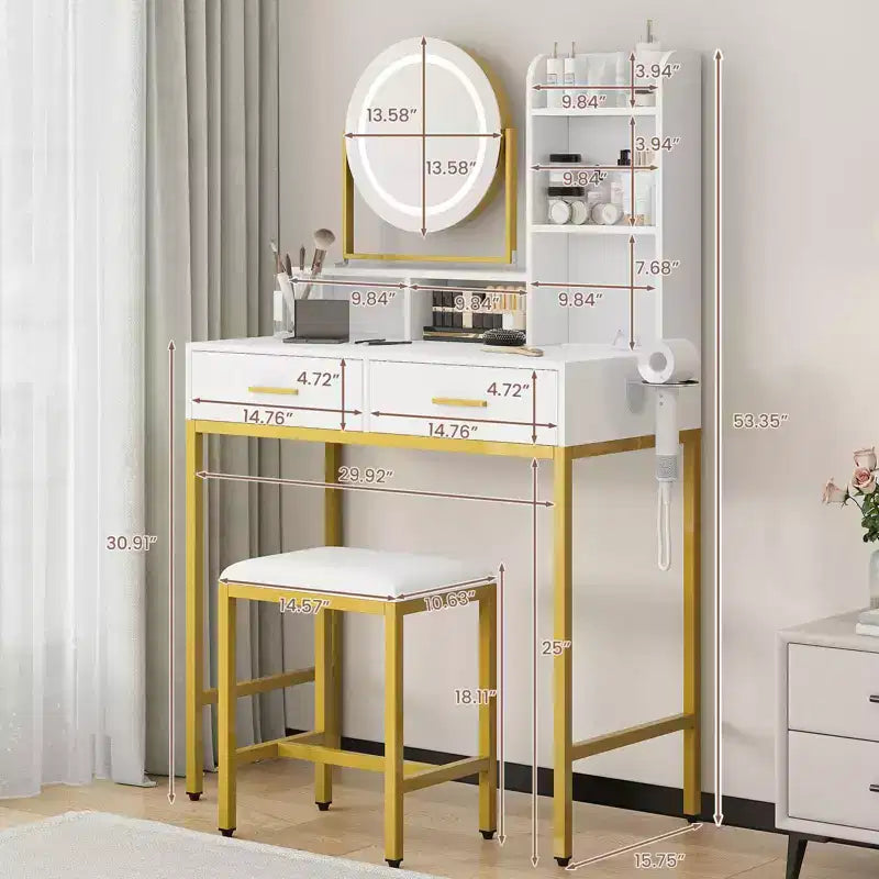 Toeletta Trucco con Specchio Girevole Regolabile, Grande Tavolo da Trucco 29W con 2 Cassetti e Sgabello, Moderna Toeletta da Trucco per Camera da Letto