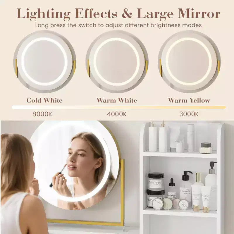 Toeletta Trucco con Specchio Girevole Regolabile, Grande Tavolo da Trucco 29W con 2 Cassetti e Sgabello, Moderna Toeletta da Trucco per Camera da Letto