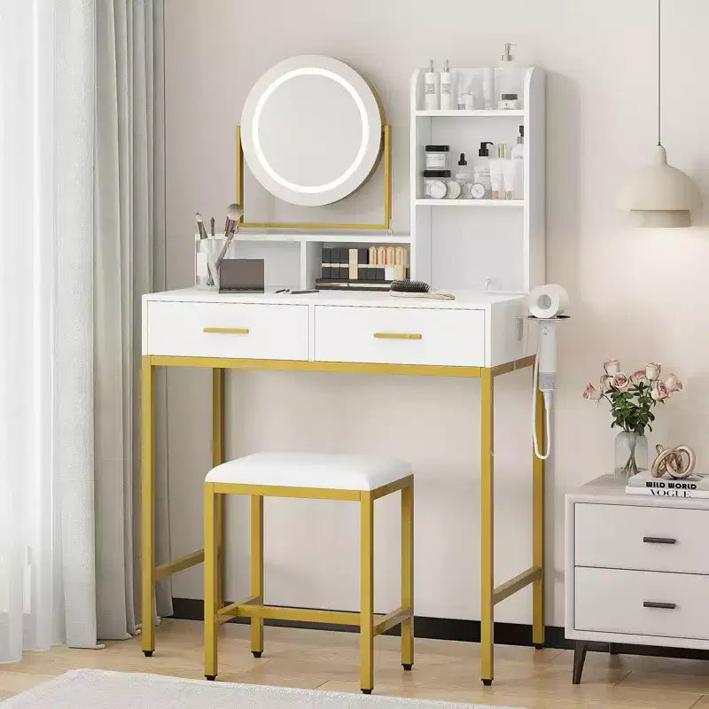 Toeletta Trucco con Specchio Girevole Regolabile, Grande Tavolo da Trucco 29W con 2 Cassetti e Sgabello, Moderna Toeletta da Trucco per Camera da Letto