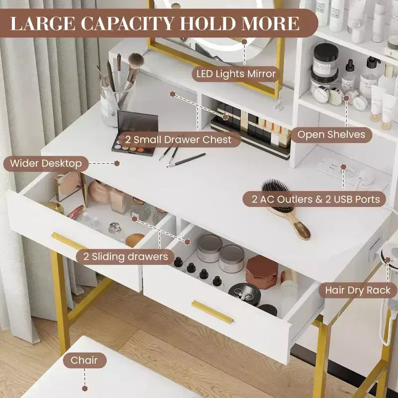 Toeletta Trucco con Specchio Girevole Regolabile, Grande Tavolo da Trucco 29W con 2 Cassetti e Sgabello, Moderna Toeletta da Trucco per Camera da Letto