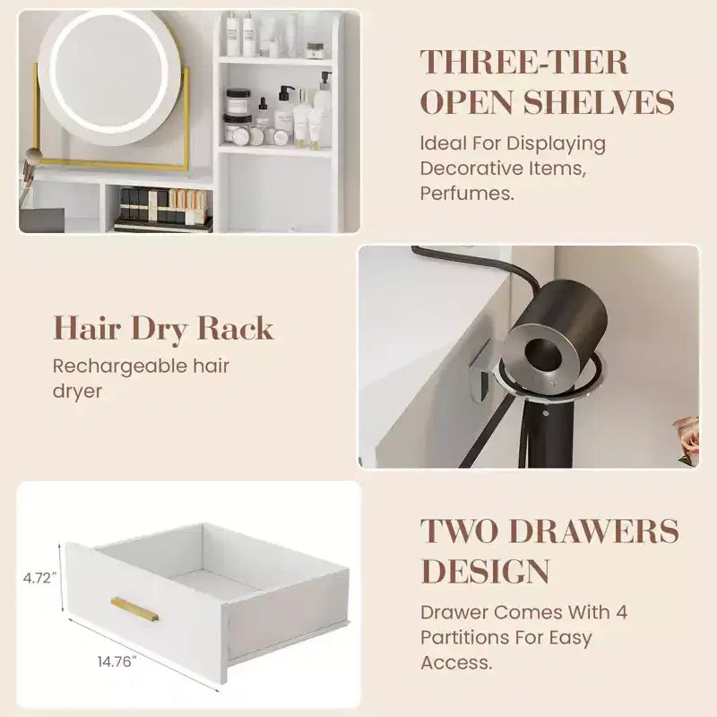 Toeletta Trucco con Specchio Girevole Regolabile, Grande Tavolo da Trucco 29W con 2 Cassetti e Sgabello, Moderna Toeletta da Trucco per Camera da Letto