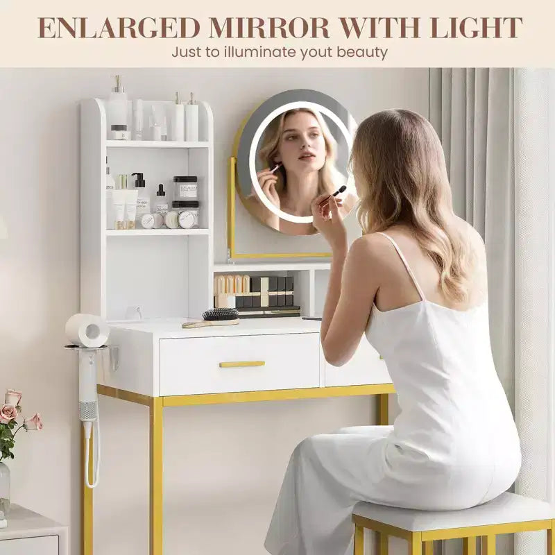 Toeletta Trucco con Specchio Girevole Regolabile, Grande Tavolo da Trucco 29W con 2 Cassetti e Sgabello, Moderna Toeletta da Trucco per Camera da Letto
