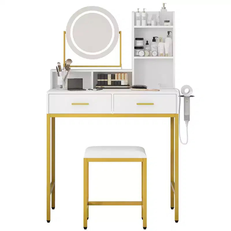 Toeletta Trucco con Specchio Girevole Regolabile, Grande Tavolo da Trucco 29W con 2 Cassetti e Sgabello, Moderna Toeletta da Trucco per Camera da Letto