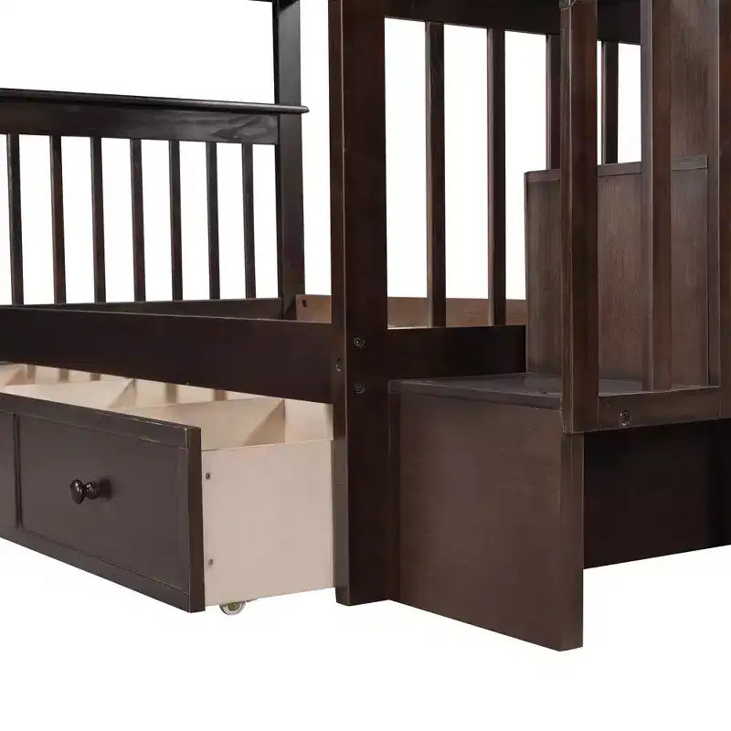 Letto a castello singolo su singolo con scaletta per bambini, struttura a letto a castello con cassetti portaoggetti e ringhiera di sicurezza per camera da letto o dormitorio