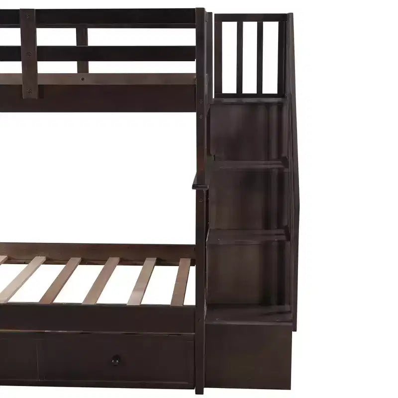 Letto a castello singolo su singolo con scaletta per bambini, struttura a letto a castello con cassetti portaoggetti e ringhiera di sicurezza per camera da letto o dormitorio