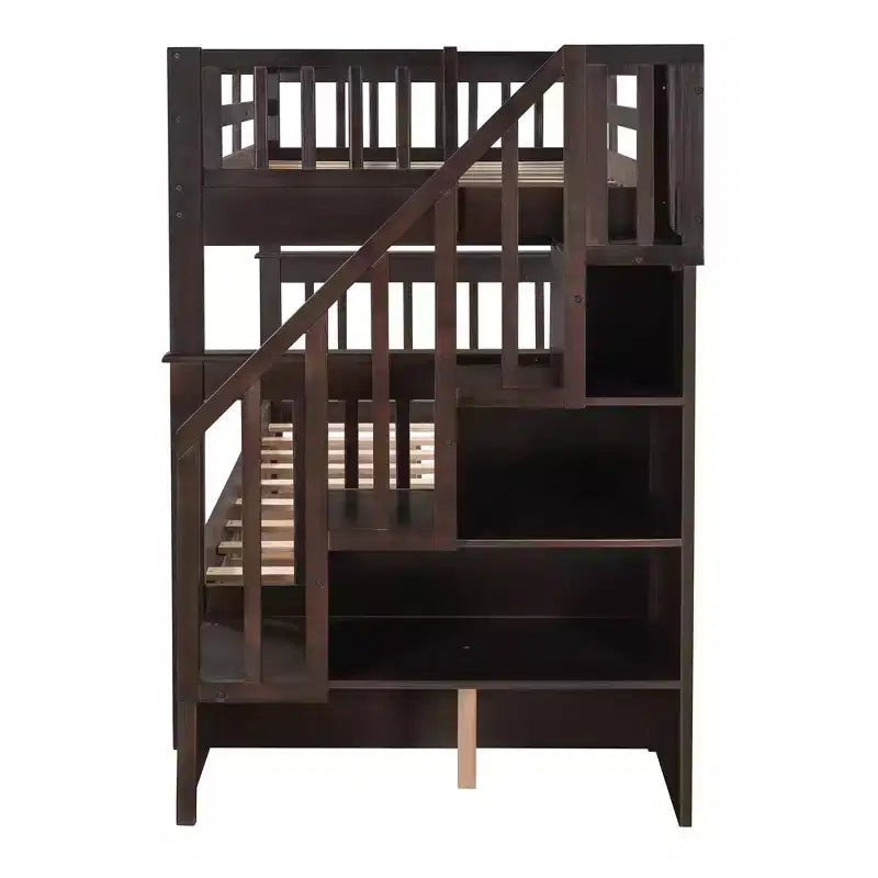 Letto a castello singolo su singolo con scaletta per bambini, struttura a letto a castello con cassetti portaoggetti e ringhiera di sicurezza per camera da letto o dormitorio