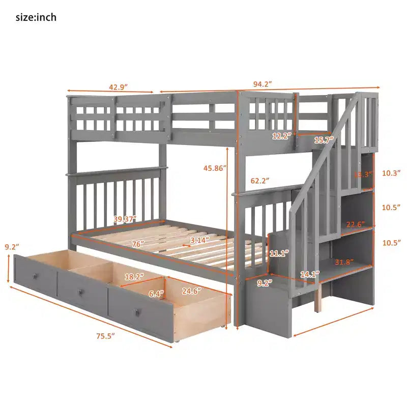 Letto a castello singolo su singolo con scaletta per bambini, struttura a letto a castello con cassetti portaoggetti e ringhiera di sicurezza per camera da letto o dormitorio