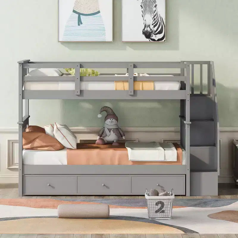 Letto a castello singolo su singolo con scaletta per bambini, struttura a letto a castello con cassetti portaoggetti e ringhiera di sicurezza per camera da letto o dormitorio