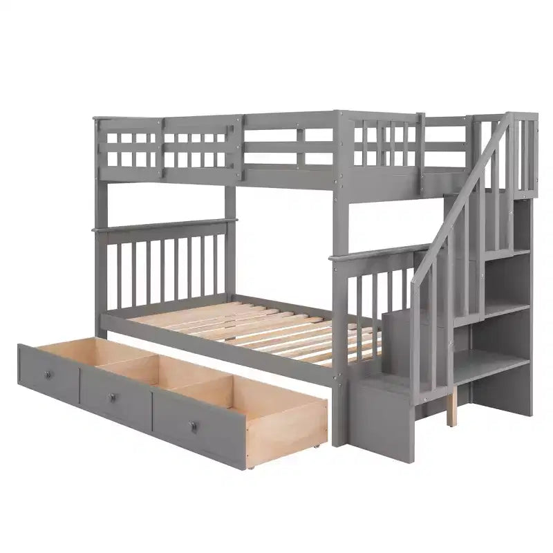 Letto a castello singolo su singolo con scaletta per bambini, struttura a letto a castello con cassetti portaoggetti e ringhiera di sicurezza per camera da letto o dormitorio