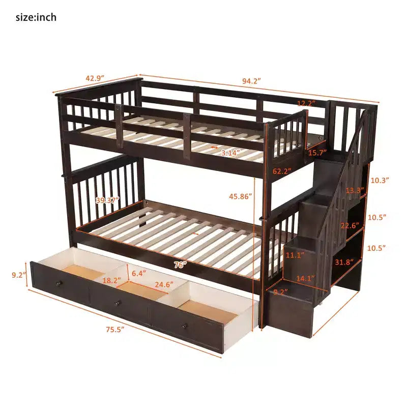 Letto a castello singolo su singolo con scaletta per bambini, struttura a letto a castello con cassetti portaoggetti e ringhiera di sicurezza per camera da letto o dormitorio