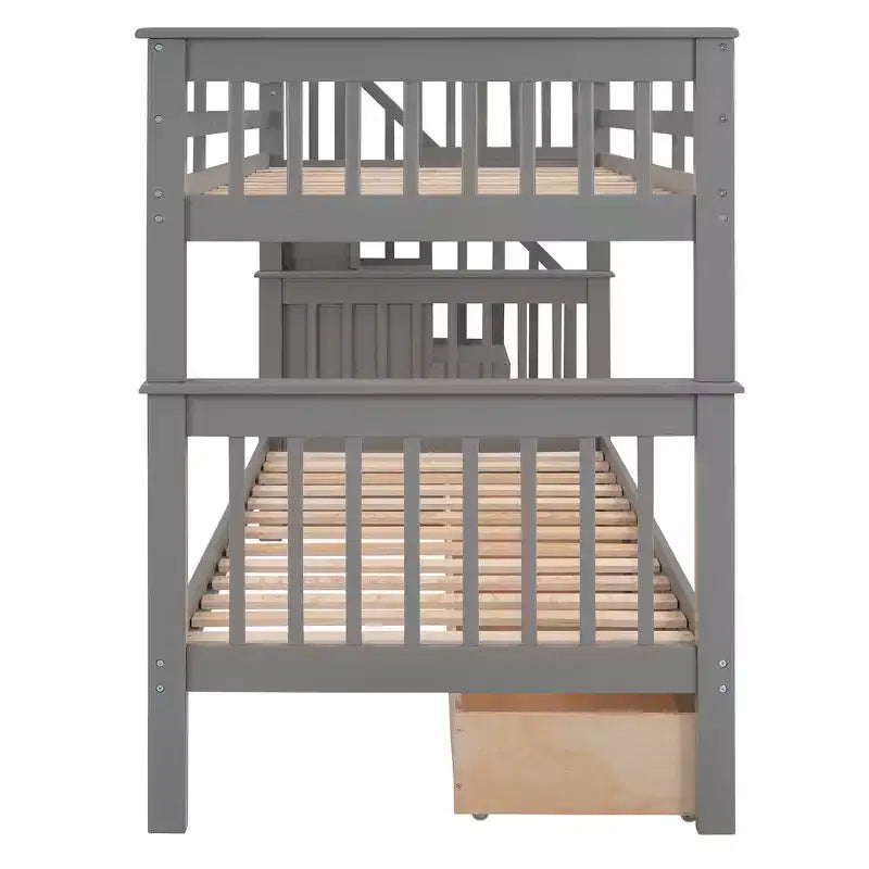 Letto a castello singolo su singolo con scaletta per bambini, struttura a letto a castello con cassetti portaoggetti e ringhiera di sicurezza per camera da letto o dormitorio