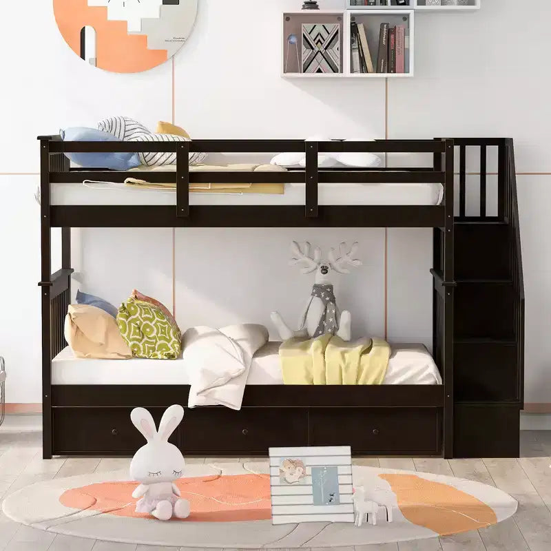 Letto a castello singolo su singolo con scaletta per bambini, struttura a letto a castello con cassetti portaoggetti e ringhiera di sicurezza per camera da letto o dormitorio