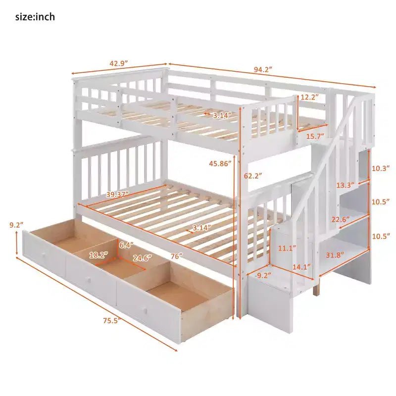 Letto a castello singolo su singolo con scaletta per bambini, struttura a letto a castello con cassetti portaoggetti e ringhiera di sicurezza per camera da letto o dormitorio