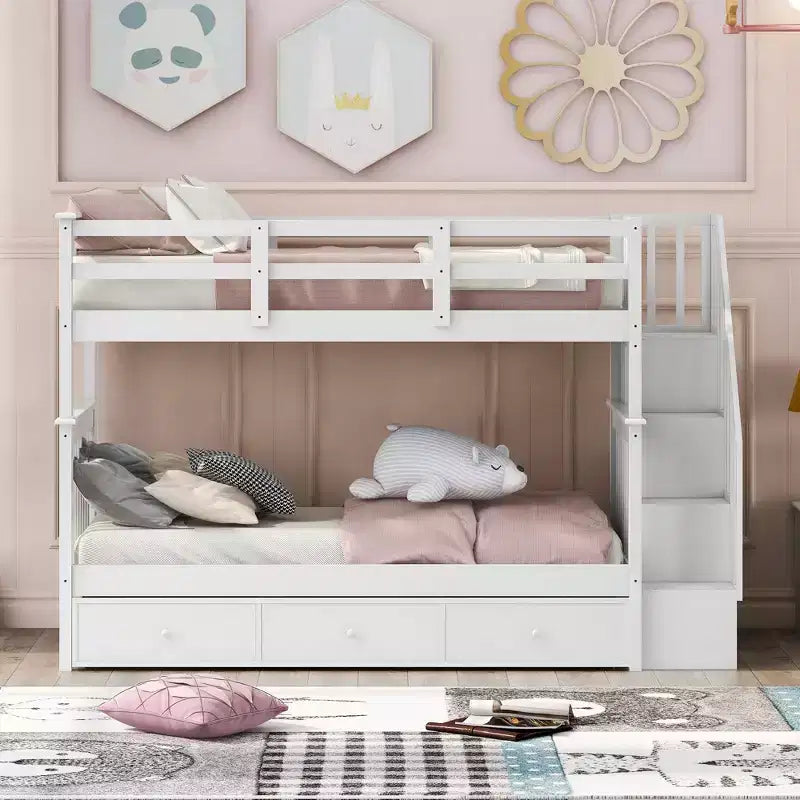 Letto a castello singolo su singolo con scaletta per bambini, struttura a letto a castello con cassetti portaoggetti e ringhiera di sicurezza per camera da letto o dormitorio