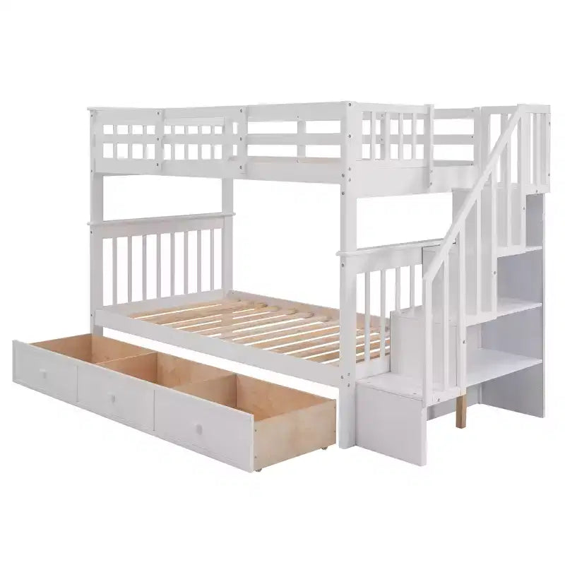Letto a castello singolo su singolo con scaletta per bambini, struttura a letto a castello con cassetti portaoggetti e ringhiera di sicurezza per camera da letto o dormitorio