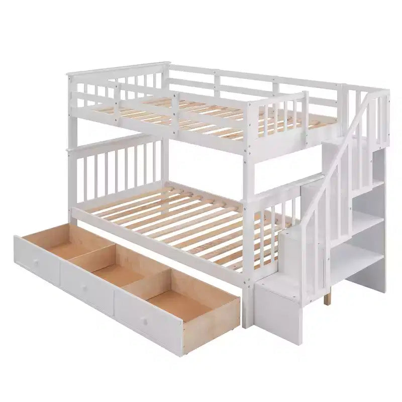 Letto a castello singolo su singolo con scaletta per bambini, struttura a letto a castello con cassetti portaoggetti e ringhiera di sicurezza per camera da letto o dormitorio