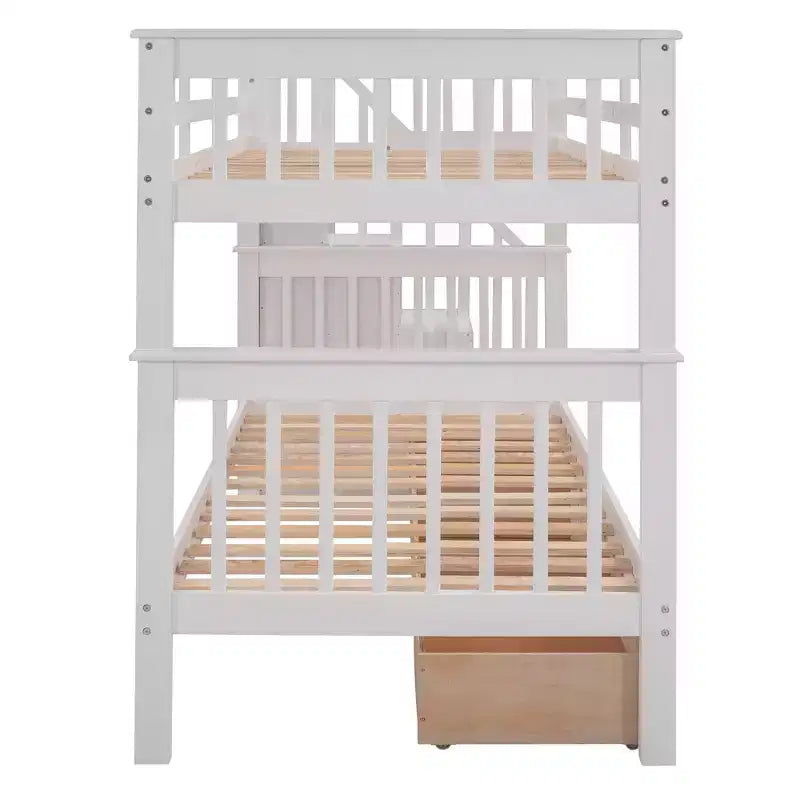 Letto a castello singolo su singolo con scaletta per bambini, struttura a letto a castello con cassetti portaoggetti e ringhiera di sicurezza per camera da letto o dormitorio