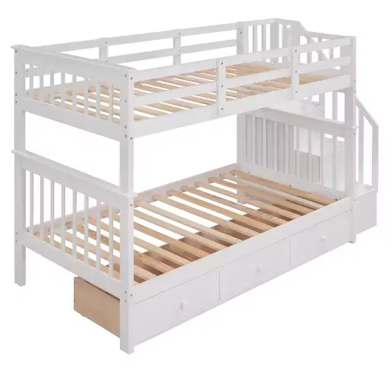Letto a castello singolo su singolo con scaletta per bambini, struttura a letto a castello con cassetti portaoggetti e ringhiera di sicurezza per camera da letto o dormitorio