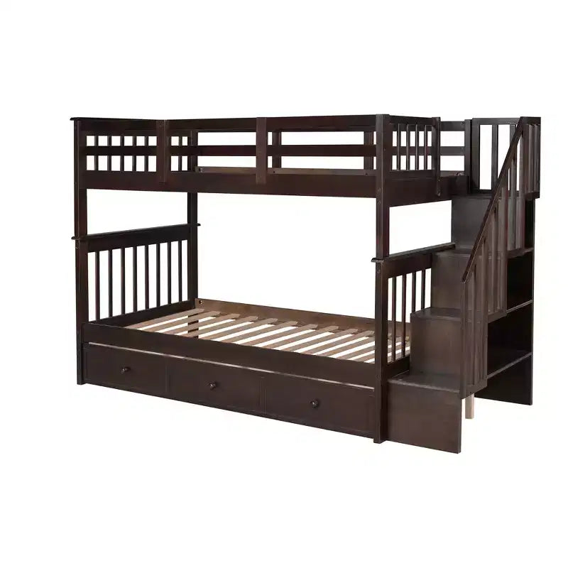 Letto a castello singolo su singolo con scaletta per bambini, struttura a letto a castello con cassetti portaoggetti e ringhiera di sicurezza per camera da letto o dormitorio