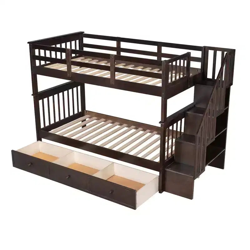 Letto a castello singolo su singolo con scaletta per bambini, struttura a letto a castello con cassetti portaoggetti e ringhiera di sicurezza per camera da letto o dormitorio