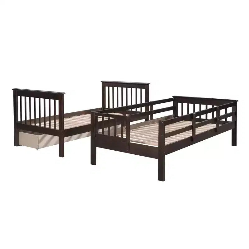 Letto a castello singolo su singolo con scaletta per bambini, struttura a letto a castello con cassetti portaoggetti e ringhiera di sicurezza per camera da letto o dormitorio