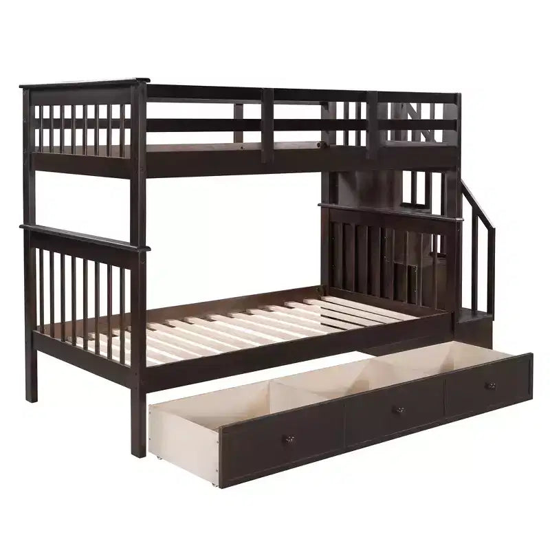 Letto a castello singolo su singolo con scaletta per bambini, struttura a letto a castello con cassetti portaoggetti e ringhiera di sicurezza per camera da letto o dormitorio
