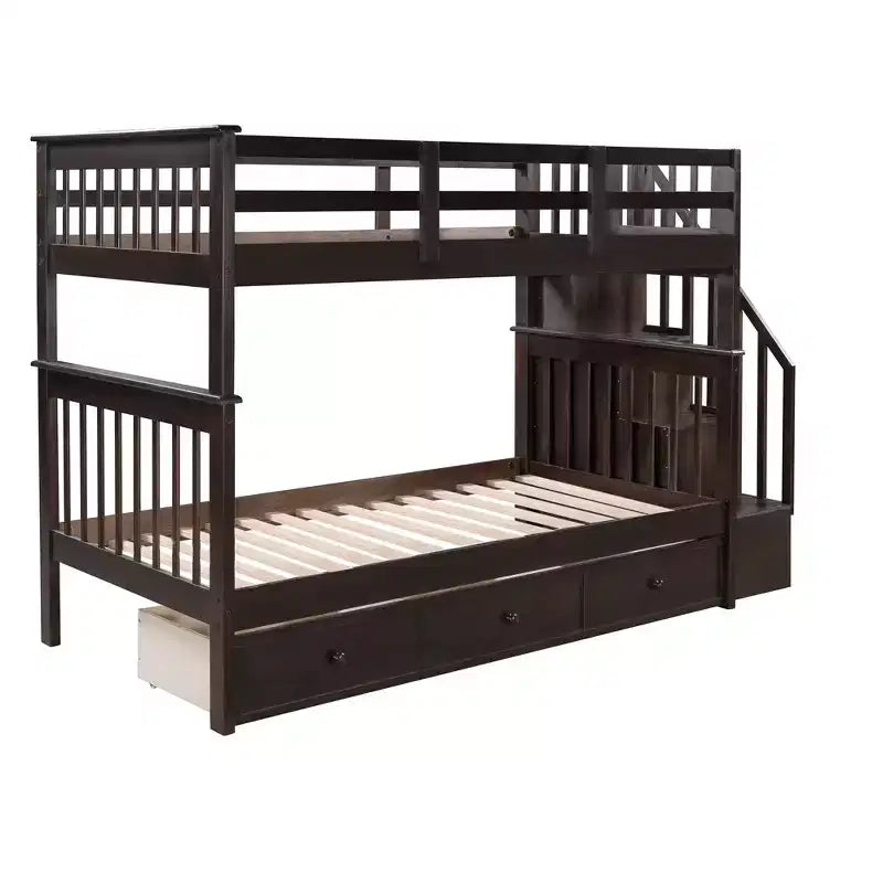 Letto a castello singolo su singolo con scaletta per bambini, struttura a letto a castello con cassetti portaoggetti e ringhiera di sicurezza per camera da letto o dormitorio
