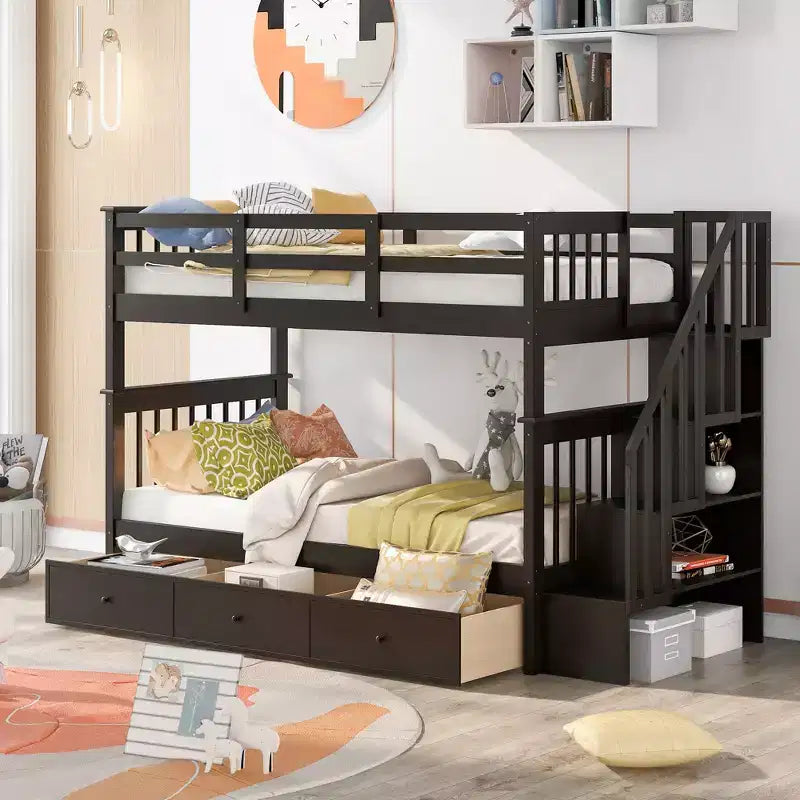 Stairway Twin over Twin Bunk Bed for Kids, Bunk Bed Frame with Storage Drawers and Guard Rail for Bedroom Dorm
