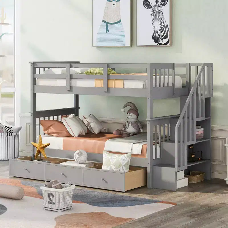 Letto a castello singolo su singolo con scaletta per bambini, struttura a letto a castello con cassetti portaoggetti e ringhiera di sicurezza per camera da letto o dormitorio