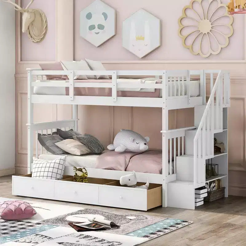 Letto a castello singolo su singolo con scaletta per bambini, struttura a letto a castello con cassetti portaoggetti e ringhiera di sicurezza per camera da letto o dormitorio