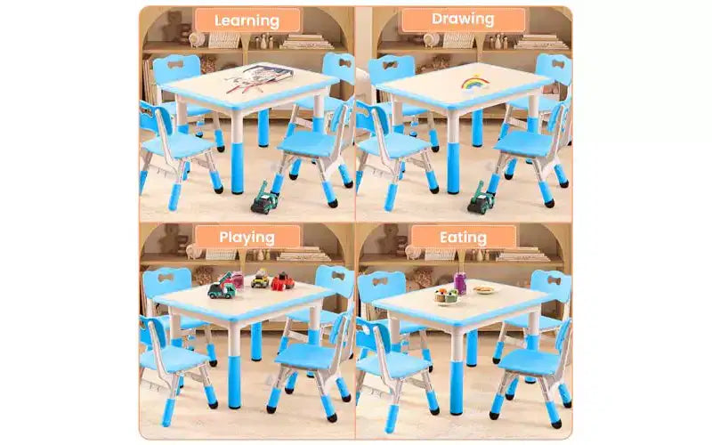 GustoWave Kids Table&Chairs Set (4-Piece) Height Adjustable - 32 Wipe-Clean Craft Table with Anti-Slip Legs & Organizer