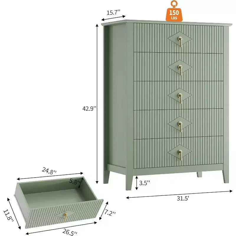 COZONY 42.9 Tall Fluted 5-Drawer Dresser, Modern Wood Chest of Drawers for Bedroom, Storage Organizer Cabinet for Living Room, Hallway
