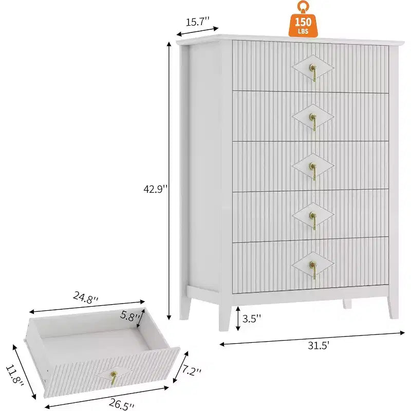 COZONY 42.9 Tall Fluted 5-Drawer Dresser, Modern Wood Chest of Drawers for Bedroom, Storage Organizer Cabinet for Living Room, Hallway