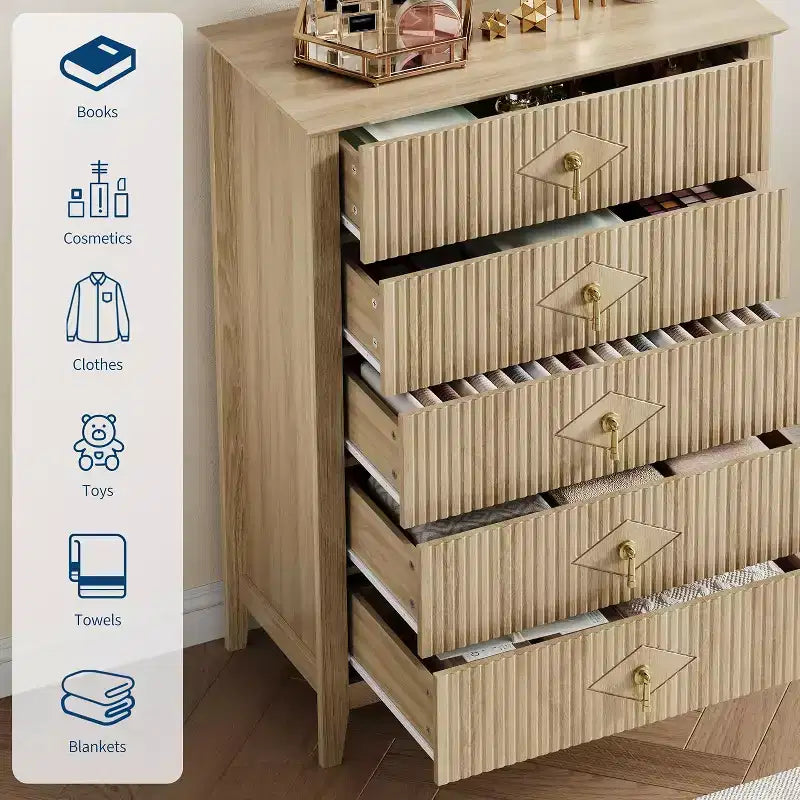 COZONY 42.9 Tall Fluted 5-Drawer Dresser, Modern Wood Chest of Drawers for Bedroom, Storage Organizer Cabinet for Living Room, Hallway