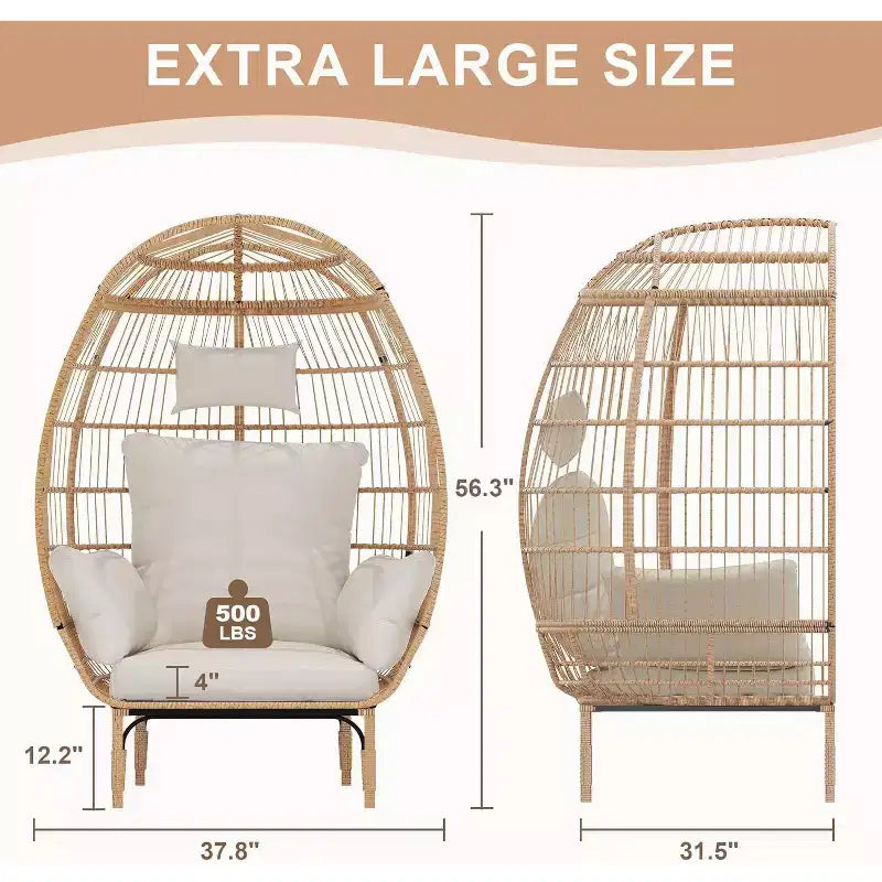 Wicker Egg Chair - Waterproof rattan egg chair with thick seat cushion, hand-woven rattan, galvanized frame, and non-slip feet - for gardens, porches