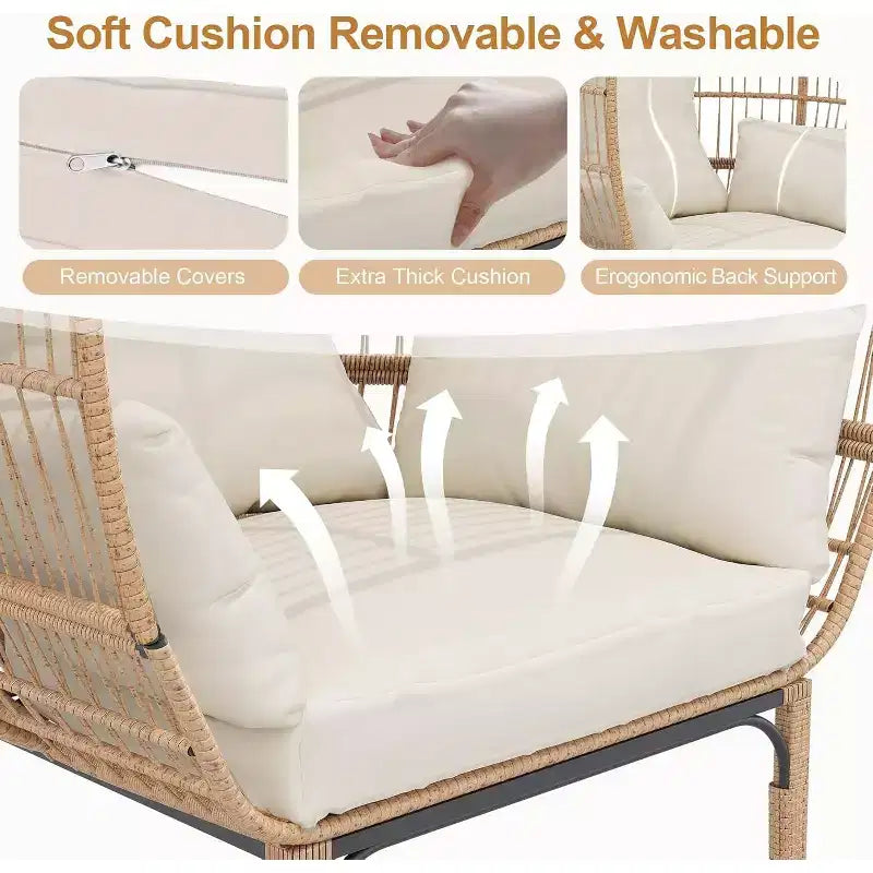 Wicker Egg Chair - Waterproof rattan egg chair with thick seat cushion, hand-woven rattan, galvanized frame, and non-slip feet - for gardens, porches