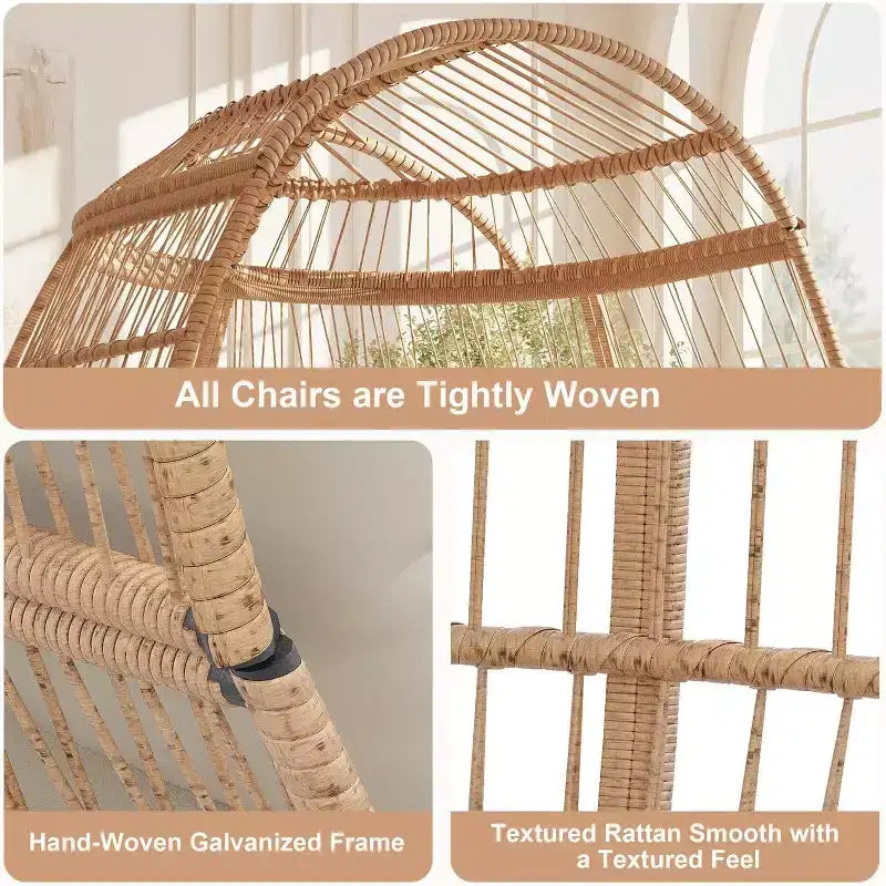 Wicker Egg Chair - Waterproof rattan egg chair with thick seat cushion, hand-woven rattan, galvanized frame, and non-slip feet - for gardens, porches