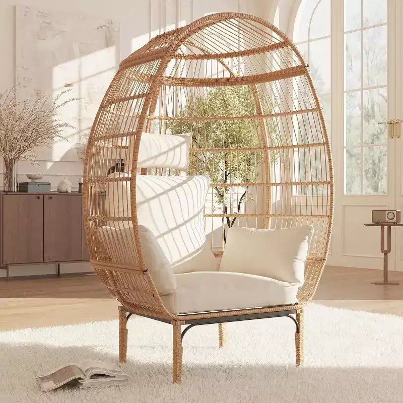 Wicker Egg Chair - Waterproof rattan egg chair with thick seat cushion, hand-woven rattan, galvanized frame, and non-slip feet - for gardens, porches