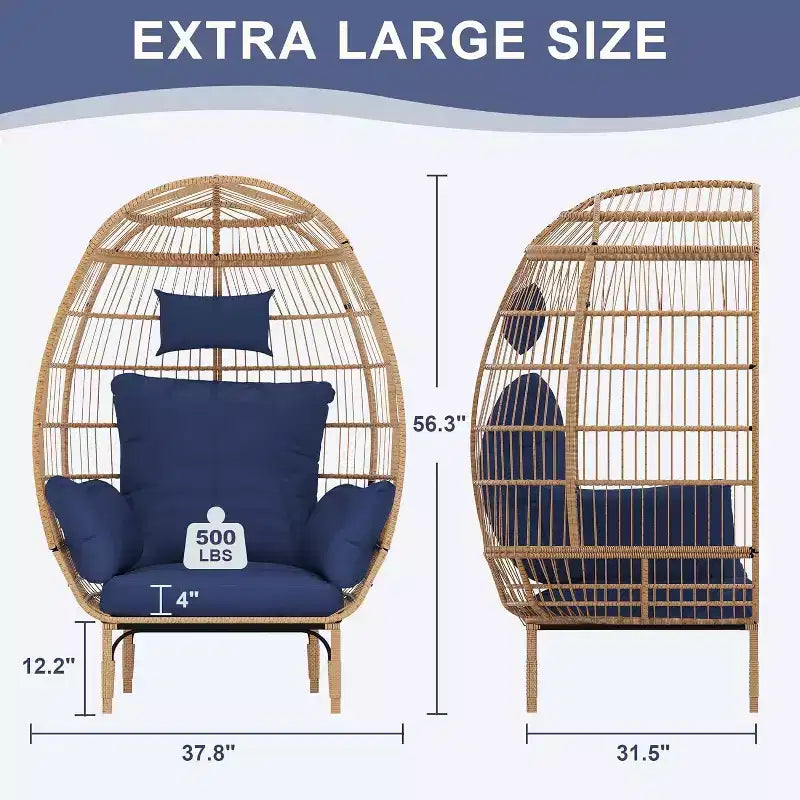 Wicker Egg Chair - Waterproof rattan egg chair with thick seat cushion, hand-woven rattan, galvanized frame, and non-slip feet - for gardens, porches
